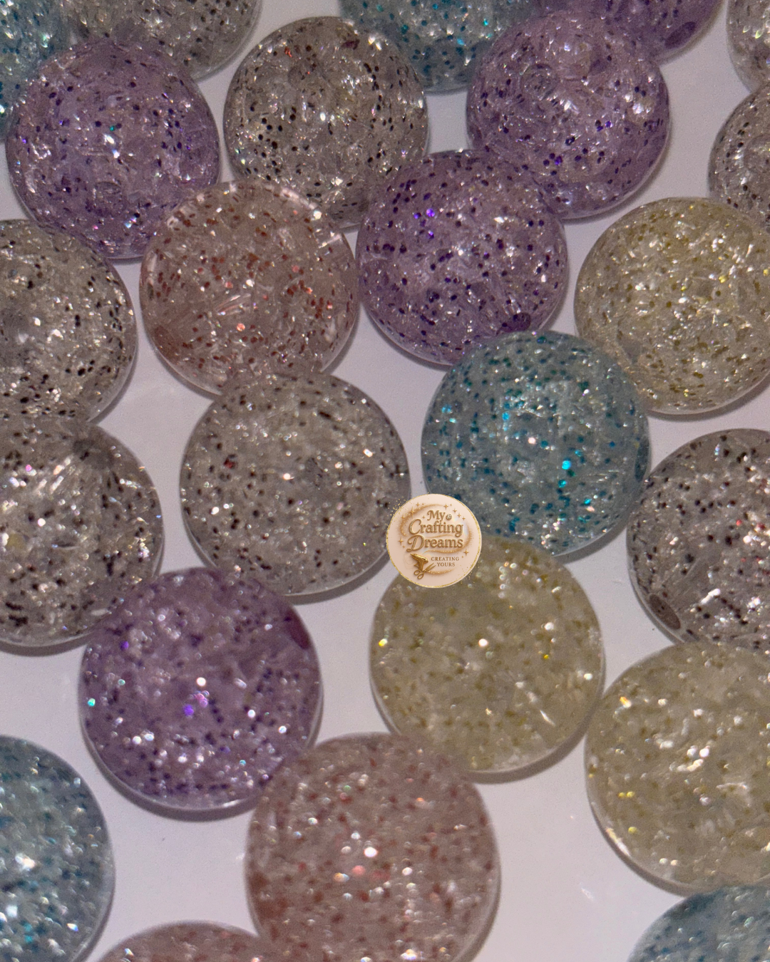 15mm Glitter Crackle Beads (Pastel, Clear, Lavender)