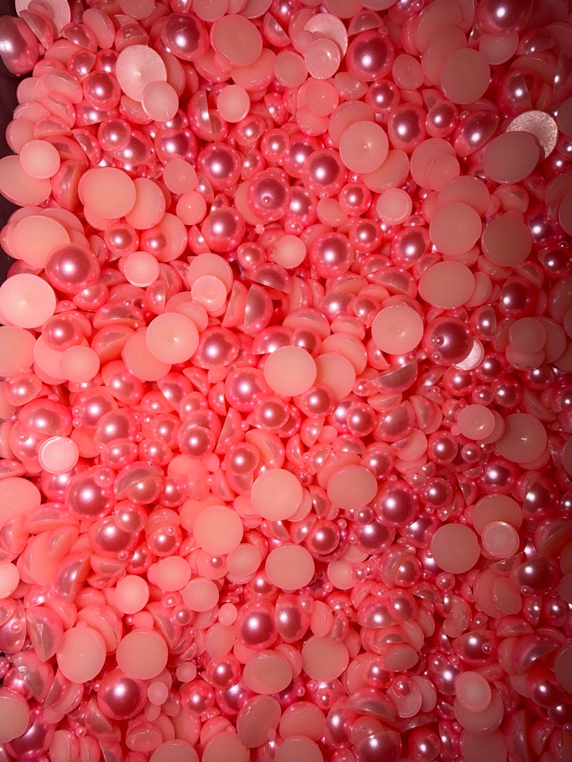 Guava Glow coral pink flatback pearls, mixed sizes 3–14 mm