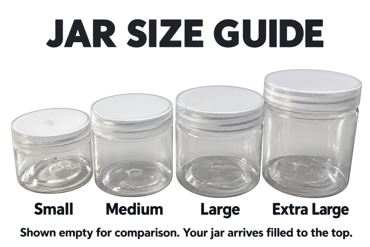 Jar size guide: Small, Medium, Large and Extra Large, from left to right. Empty jars are shown for size comparison; purchased jars are filled to the top.