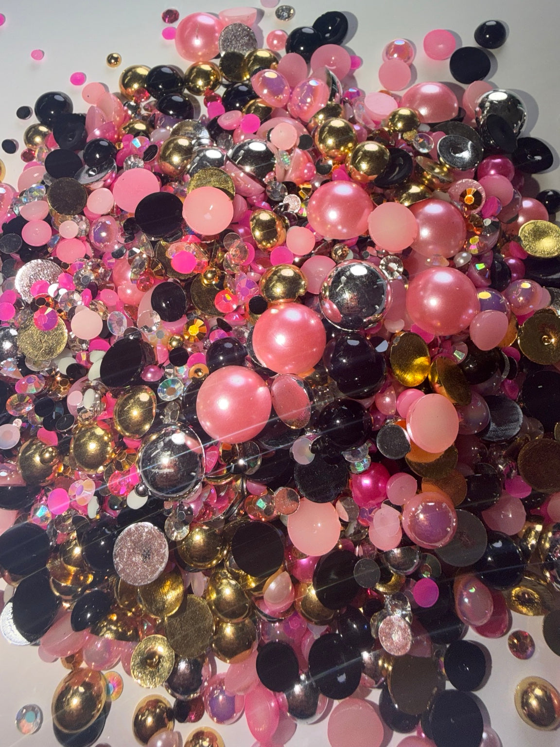 Midnight Rosé pink, black, gold and silver pearl and rhinestone bling mix